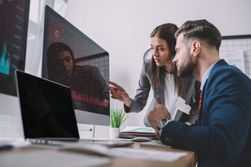 Selective focus of information security analysts using charts on computer monitors while working in office