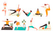 Young people in yoga poses set flat vector illustration isolated on white background. Yogi Man and woman training at home doing main yoga exercises. Personal trainer, workout class, healthy lifestyle.