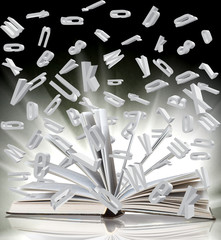 Wall Mural - image of an open book and flying letters of the alphabet