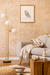 Wall Mural - modern concept of living room interior with gold lamp, design grey sofa, wooden cube, rattan pouf, m