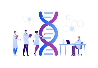 Science genetic laboratory concept. Vector flat person illustration. Multiethnic male and female scientist team with dna helix sign. Lab equipment. Laptop on desk. Design for medicine banner