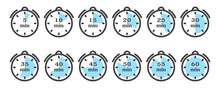 Timer And Stopwatch Icon Set. A Minimalistic Image Of A Watch With Different Variants Of Minute Indicators Multiple Of Five. Isolated Vector On A White Background.