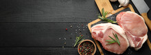 Composition With Raw Meat For Steak And Spices On Wooden Background