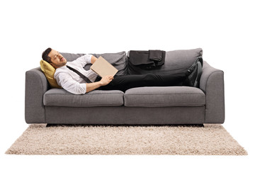 Wall Mural - Businessman sleeping on a sofa with a book on his lap