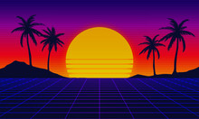 Landscape Skyline With Neon Light Grid, Sun And Palm Trees. Sci-fi, Futuristic Illustration. Retrowave, Synthwave Or Vaporwave 80's 