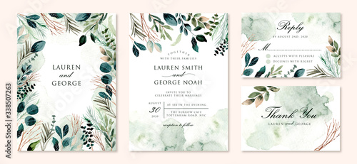 Fotomural wedding invitation set with green foliage branches watercolor