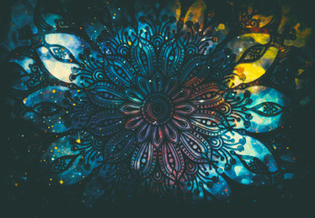 Wall Mural - abstract ancient geometric with star field and colorful galaxy background, watercolor digital art pa