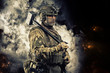© andy_gin - Portrait of a special forces soldier waving a sledgehammer to smash an obstacle. The concept of military units. Computer games.