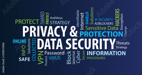 Fotografía Privacy and Data Security Word Cloud on a Blue Background