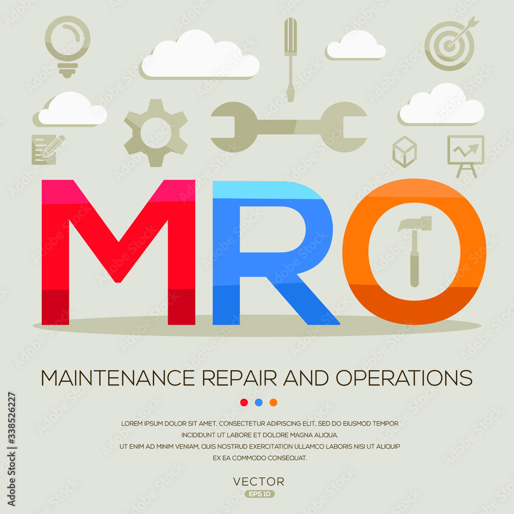 MRO  mean (maintenance-repair-and-operations) ,letters and icons,Vector illustration. - obrazy, fototapety, plakaty 