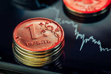 Ruble exchange chart on international stock exchanges. Close up.