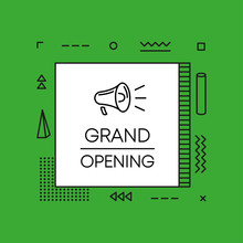 Geometry Megaphone With Grand Opening Speech Bubble.  Banner For Business, Marketing And Advertising On Green Background. Vector