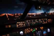 Autopilot Controller. Display Navigator System Of Boeing Aircraft. Automatic Landing System. Night Shot Inside Cabin. ILS