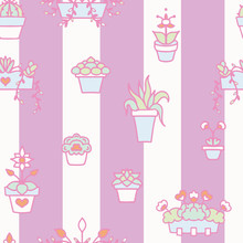 Vector Cute Dollhouse Window Sill Florals On Stripes Seamless Pattern Background.