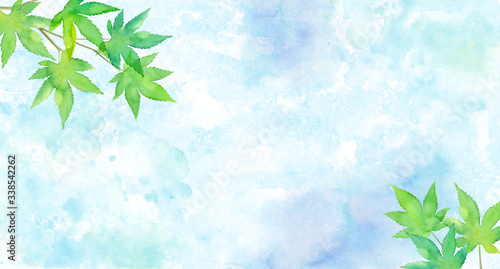 新緑のモミジと水面で構成した夏のイメージ背景 水彩イラスト Ilustracion De Stock Adobe Stock