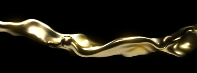 Golden liquid wave isolated on black background. Vector realistic 3d illustration. Flowing gold stream. Melted and dripping metallic substance. Glowing splash. Decoration element for design