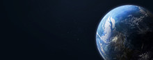 Earth Planet In Dark Outer Space On Background. Wide High Resolution Sci-fi Wallpaper. Elements Of This Image Furnished By NASA