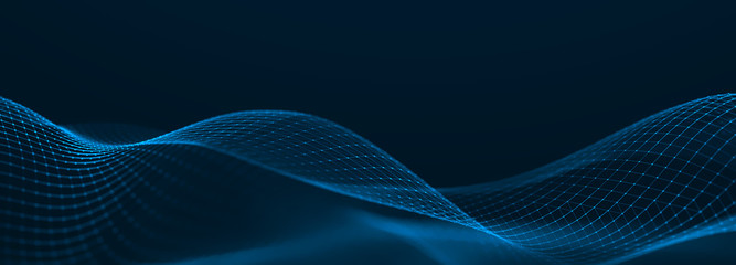 Futuristic wave on dark background. Colored pattern of connection dots and lines. Technology or Science Banner. 3D