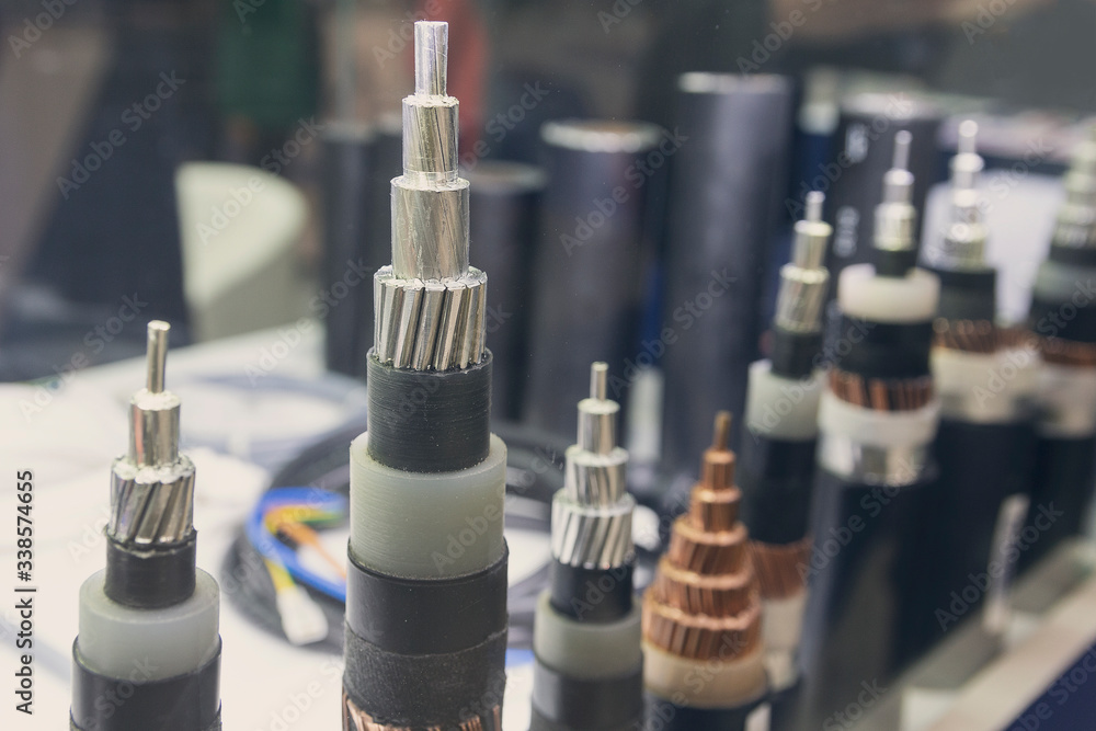 Samples of power electrical cables in the showroom. Industry Stock ...