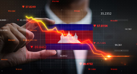 Graph Falling Down in Front Of Cambodia Flag. Crisis Concept