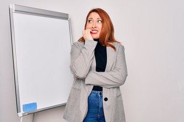 Poster - Young beautiful redhead businesswoman doing business presentation using magnetic board looking stressed and nervous with hands on mouth biting nails. Anxiety problem.