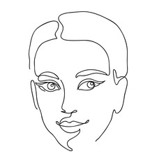 Wall Mural - Beautyfull girl face. Attractive young woman portrait female beauty concept. Continuous line drawing. Black and white vector illustration