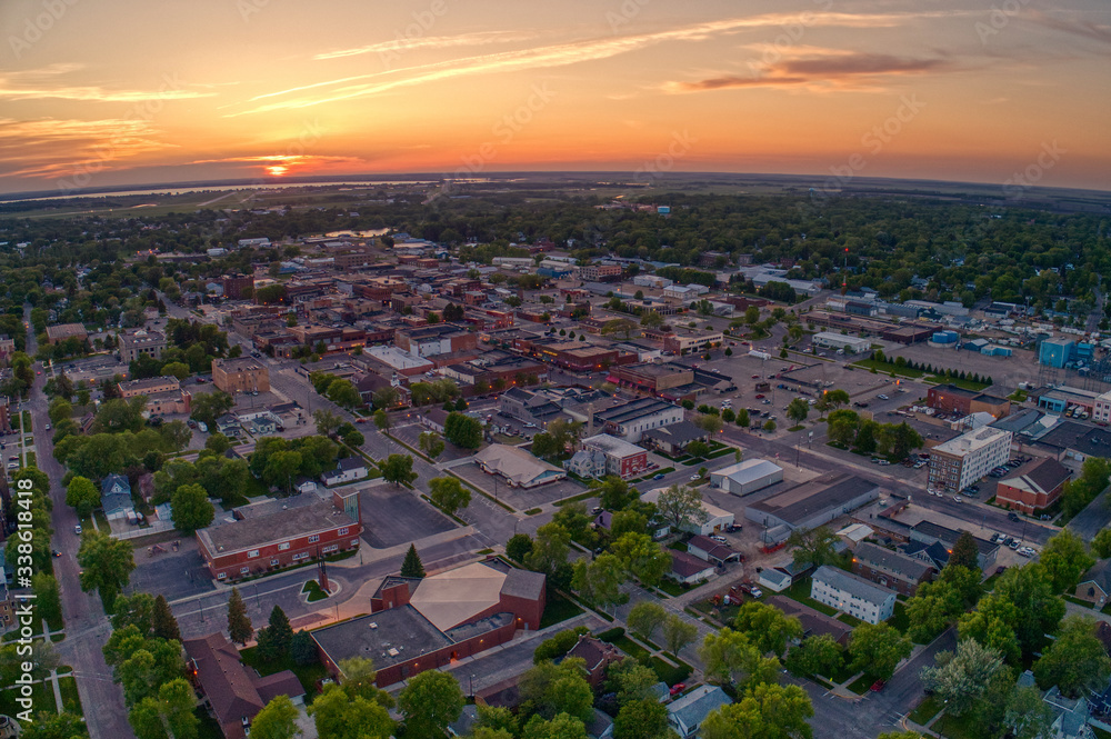 An aerial view of Watertown, South Dakota, at sunset with the Adobe Stock preview watermark