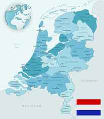 Blue-green detailed map of Netherlands and administrative divisions with country flag and location on the globe.