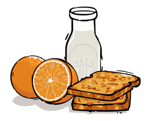 Vector drawing of an ancient milk jug with oranges (one whole and one sliced) and two french toasts. Isolated on white with a black outline. Can represent a hearty meal, a breakfast or a brunch.