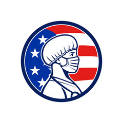 Mascot icon illustration of an American female nurse, medical professional, doctor, healthcare worker wearing a surgical mask and bouffant cap side with USA stars and stripes flag in retro style.