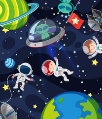 Wall Mural - Background scene with many aliens and astronauts in the space