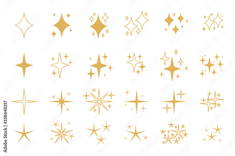 Set of golden, yellow sparkles icons. Flat and outline decorative twinkle. Template spark for glowing light effect, star, bursts firework. Different shapes shine. Isolated on white vector illustration - obrazy, fototapety, plakaty 