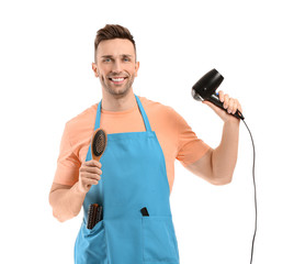 Sticker - Portrait of male hairdresser on white background