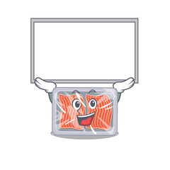 Sticker - Mascot design of frozen salmon lift up a board