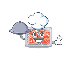 Canvas Print - frozen salmon chef cartoon character serving food on tray