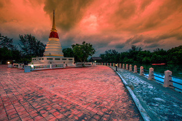 Background of Phra Chedi Klang Nam (Samut Chedi) Mangrove Forest Conservation Area,has a large old pagoda and a garden for people to exercise and study the neuroscience system in Rayong, Thailand