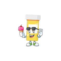 Poster - Cute medicine bottle cartoon character enjoying an ice cream