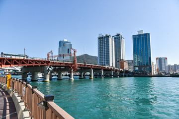 Busan city, South Korea - OCT 31, 2019: Tourists near drawbridge- Yeongdodaegyo Bridge in Jung-gu, Busan