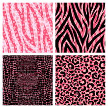 Set Of 4 Colorful Animal Fur Inspired Seamless Patterns. Exotic Rose Red Colored Backgrounds. Vector Wallpapers.	