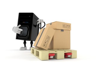 Poster - Computer character with hand pallet truck with cardboard boxes