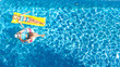 Children in swimming pool aerial drone view fom above, happy kids swim on inflatable ring donut and mattress, active girls have fun in water on family vacation on holiday resort
