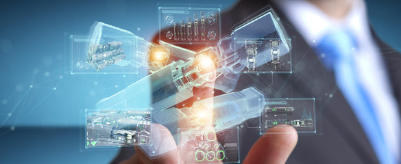 Poster - Man holding and touching green renewable energy battery 3D rendering
