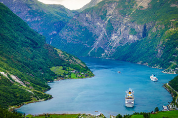 Sticker - Fjord Geirangerfjord with cruise ship, Norway.