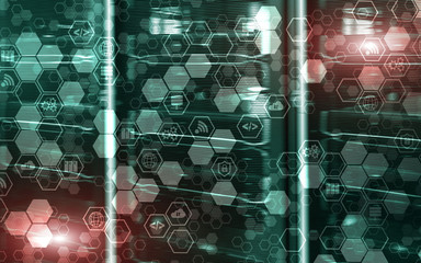 Wall Mural - digital internet connection technology concept. icons on server rack room background.