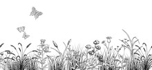 Field Butterflys Over Flowers And Grass Landscape, Black And White