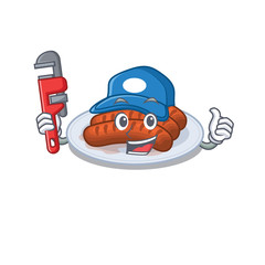 Wall Mural - Grilled sausage Smart Plumber cartoon character design with tool