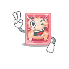 Sticker - Happy frozen chicken cartoon design concept with two fingers