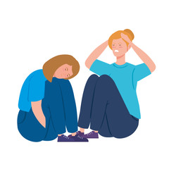 Sticker - young women sitting with stress attack vector illustration design