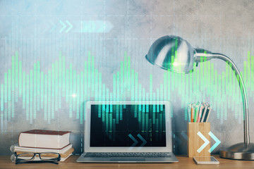 Double exposure of forex graph and work space with computer. Concept of international online trading.