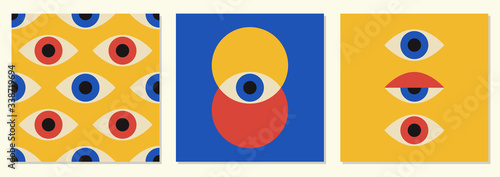 Fotomural Set of minimal 20s geometric designs with eyes, vector template with primitive s